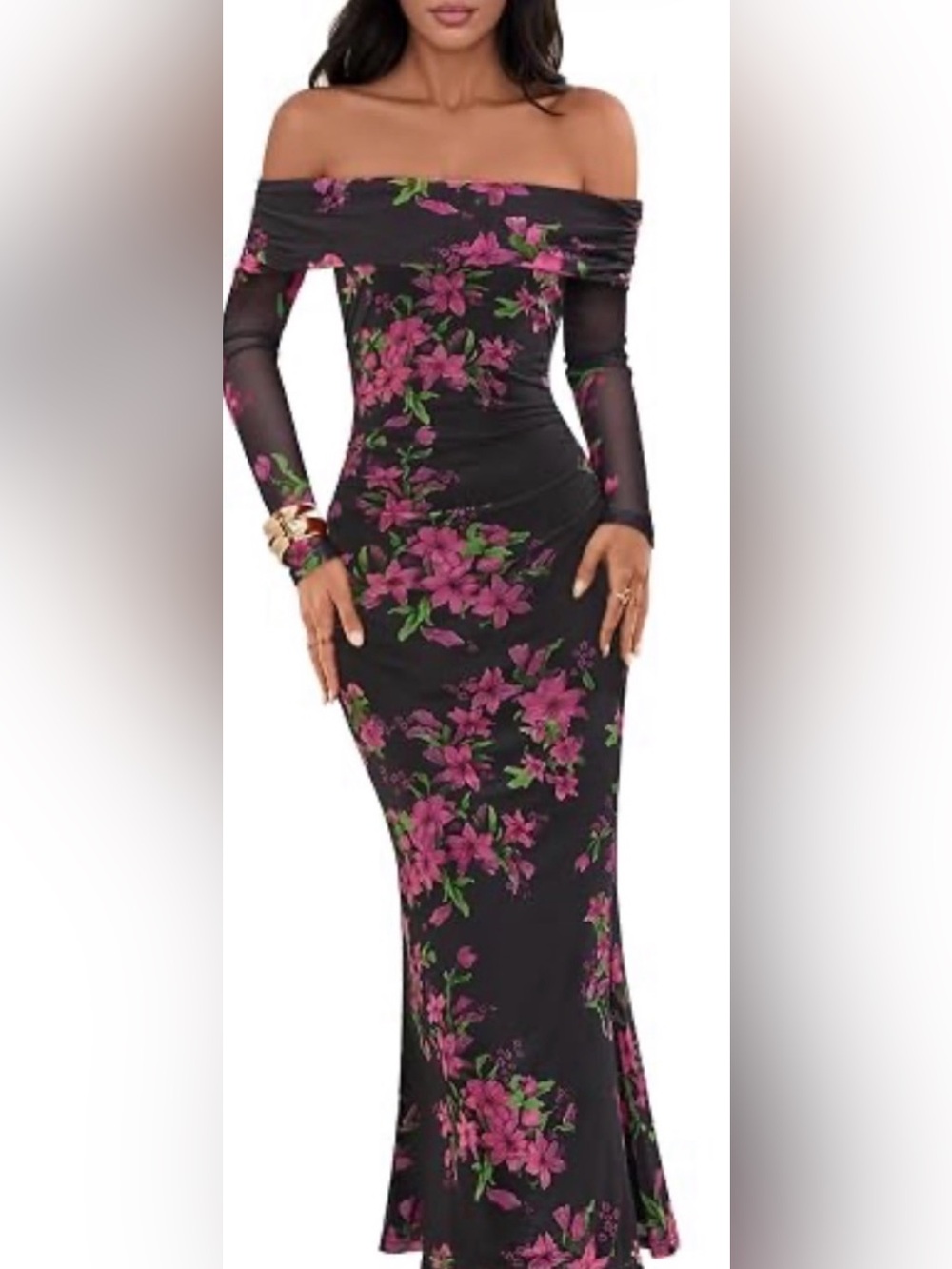 Black & Red Floral Off-Shoulder Long Sleeve Dress with Pink-Fuchsia Florals.